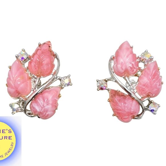 Vintage Rhodium Plated Pink Tutti Frutti Leaf & Aurora Borealis Clip Earrings - Picture 1 of 9